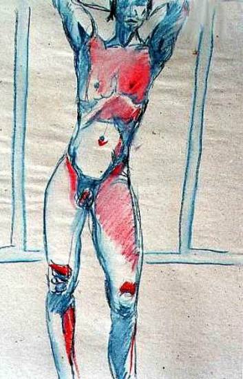 hommage an egon schiele, packpapier, farbstift rot, farbstift blau, laviert